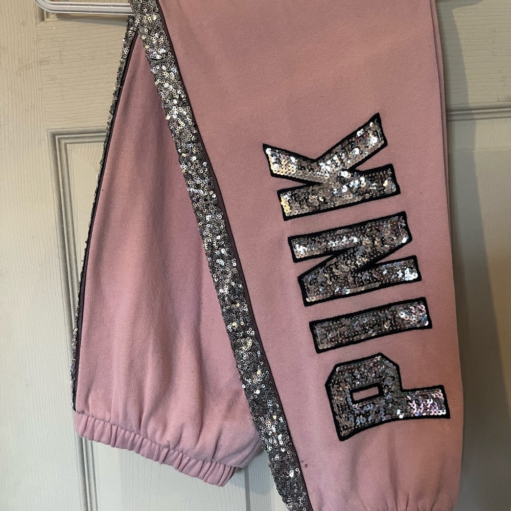 Victoria Secret PINK blush pink and silver sequinned fleece Joggers - Picture 2 of 2